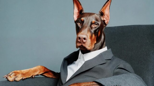 Striking video shows a sophisticated Doberman seated confidently in a tailored suit blending elegance power and humor in a surreal scene that highlights personality confidence and visual style