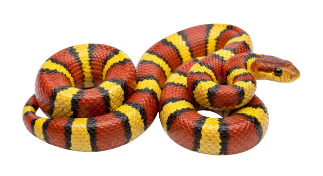 Isolated coiled milk snake with red, yellow, and black scales looks to its right on smooth surface