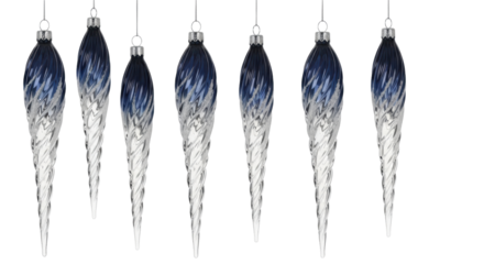 Isolated icicle Christmas ornaments hanging, decorative winter holiday tree decorations