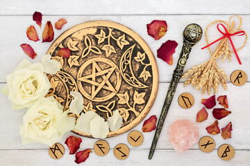 Witchcraft magic equipment and ingredients for love potion with rose quartz crystal, wand, wheat...