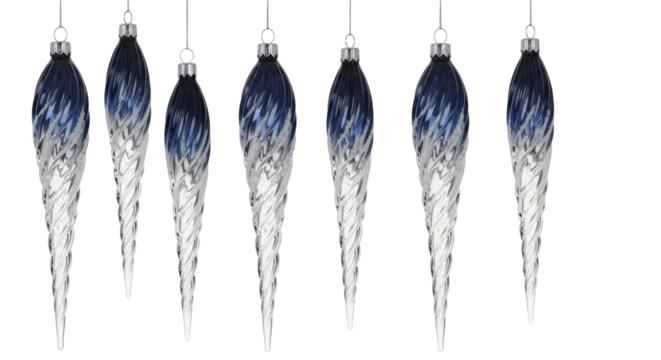 Isolated icicle Christmas ornaments hanging, decorative winter holiday tree decorations