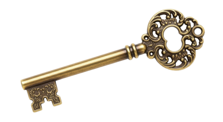 Isolated ornate antique key, old vintage golden key for secret lock, fantasy and vintage