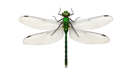 Isolated Green dragonfly with wings fully extended, detailed venation against a neutral backdrop