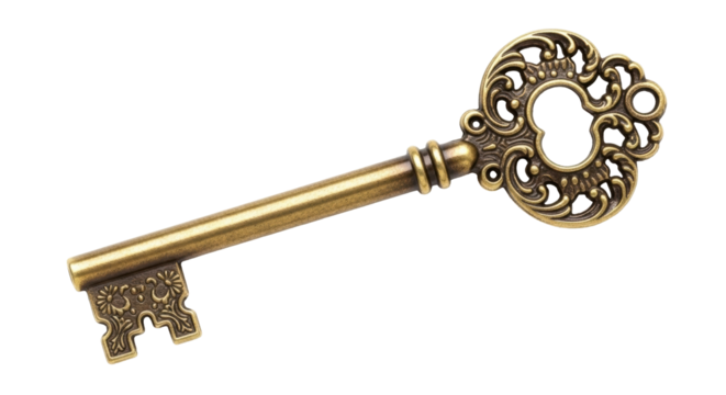 Isolated ornate antique key, old vintage golden key for secret lock, fantasy and vintage