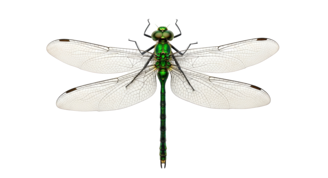 Isolated Green dragonfly with wings fully extended, detailed venation against a neutral backdrop