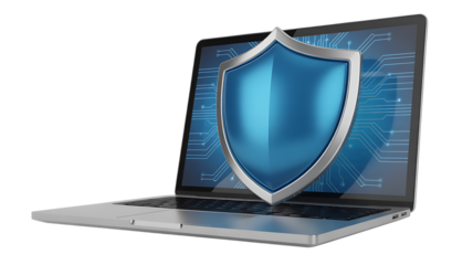Angled View of Laptop with Blue Cybersecurity Shield on Black Screen, isolated on a transparent background