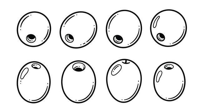 Collection of eight hand drawn black and white olives in a row