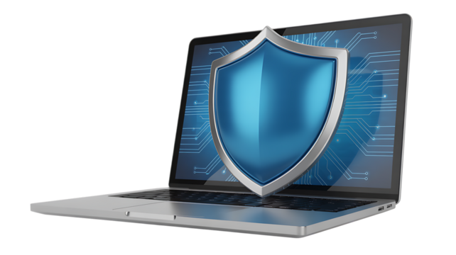 Angled View of Laptop with Blue Cybersecurity Shield on Black Screen, isolated on a transparent background 
 - Powered by Adobe