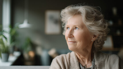 Elderly woman looking thoughtfully by the window in a modern interior