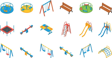 Isometric Vector Icons Set of Playground Equipment Including Swings, Trampoline, Merry-Go-Rounds, Slides, Seesaw, Bench, and Climbing Frames, Designed for Children's Fun and Outdoor Recreational