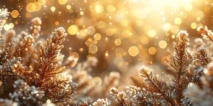 Panoramic Festive Winter Christmas Tree Branches with Golden Bokeh Lights - Powered by Adobe
