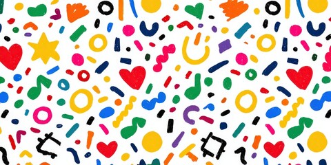 Festive Colorful Shapes and Symbols on White Background Seamless Pattern Including Hearts Stars Musical Notes and Circles for Celebrations and Designs