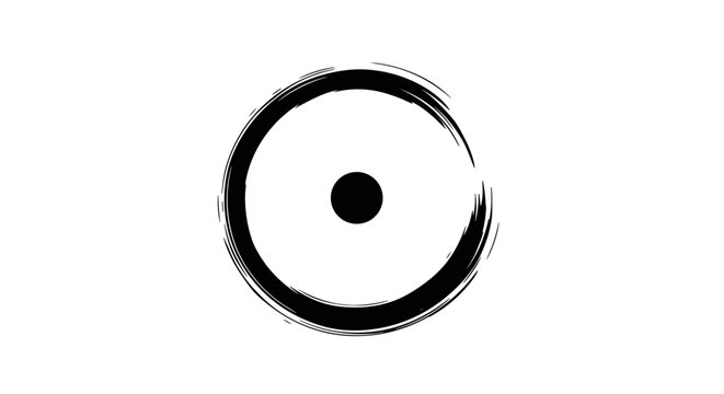 A black enso circle with a central dot, rendered with a rough brushstroke texture, symbolizing wholeness and the universe on a clean white background.