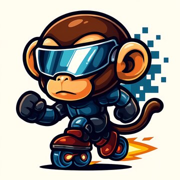 Dynamic cartoon monkey rollerblading with speed and pixel effects, perfect for gaming, animation, or children's content with a fun, energetic vibe