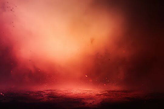 Abstract Red and Orange Background with Atmospheric Smoke Effect and Dim Lighting Stage Floor Reflecting Light for Texture Overlay