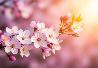 Delicate pink cherry blossoms blooming on a branch isolated on white background