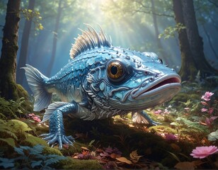 Surreal creature with fish-like features, reptilian body, nestled in sunlit forest