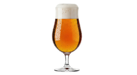 Isolated amber liquid in a tall stemmed glass with a thick head of foam and condensation