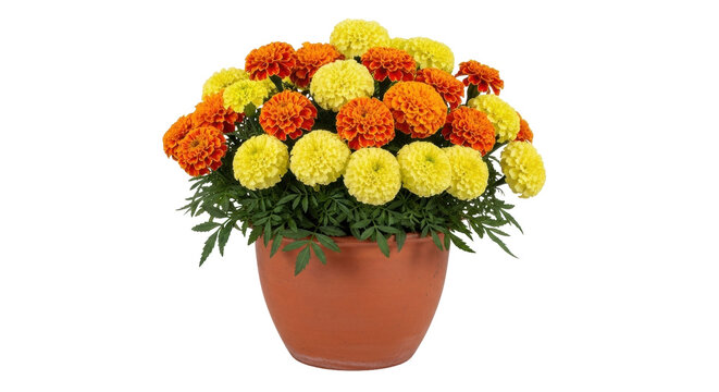 Isolated pot of mixed marigold flowers in yellow and orange, lovely potted summer plants - Powered by Adobe