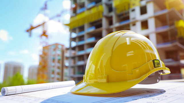 Yellow helmet and blueprint on with construction site background.