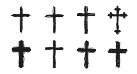 A set of eight distinct black brushstroke crosses, featuring various shapes and textures on a white background, symbolizing faith.