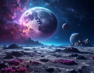 Surreal space scene with multiple planets, nebula, rocky landscape, and celestial bodies