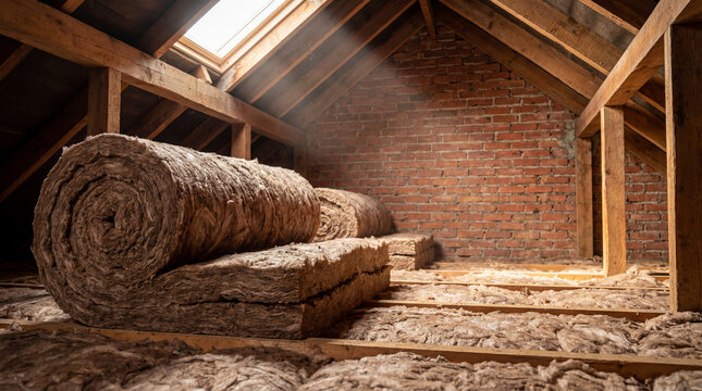 Attic Roof Insulation Renovation with Mineral Wool Rolls. Unfinished Loft Space with Exposed Wooden Beams, Red Brick Wall and Sunlight Streaming through Skylight. Energy Efficient Home&nbsp;Improvement