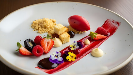 Gourmet Plated Dessert with Red Berry Sorbet, Sponge Cake, Fresh Fruits, and Edible Flowers