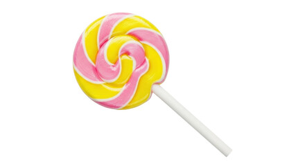 Isolated swirly lollipop in yellow and pink colors against a light backdrop, sweet snack