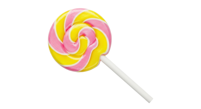 Isolated swirly lollipop in yellow and pink colors against a light backdrop, sweet snack