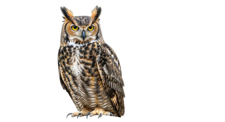 Isolated Great Horned Owl bird looking directly at camera, with focused golden eyes