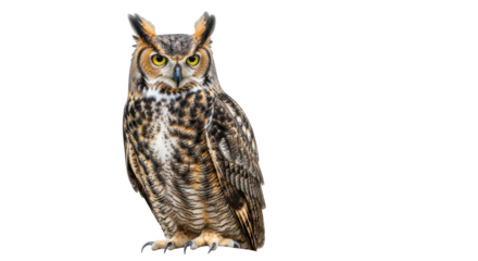 Isolated Great Horned Owl bird looking directly at camera, with focused golden eyes