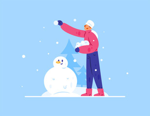 Illustration of a man throwing snowballs. A man in a red jacket holds snowballs with a snowman and a pine tree silhouette. People's activities in winter and Christmas. Flat style design. Blue 