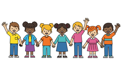 Happy Diverse Kids Holding Hands Waving, Unity and Friendship Concept
