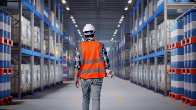 Back of Asian Male Engineer Holding Blueprint While Walking at Warehouse Aisle with Chemical or Oil Barrels on Pallet Racking