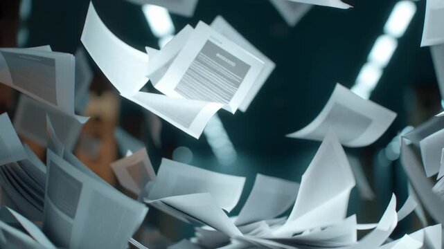 Captivating slow-motion footage of documents and papers scattering in a stylish, professional setting, perfect for corporate b-roll