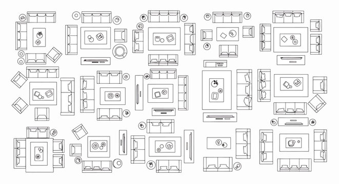 Top View Arrangement of Furniture and Decor Objects for Living Room Layout Design Isolated on White Background