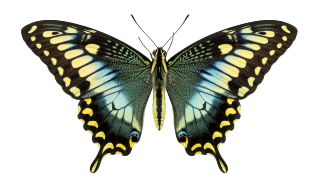 Isolated colorful butterfly, swallowtail in green, yellow and black with delicate antennae