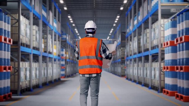 Back of Asian Male Engineer Looking At Blueprint In His Hands While Walking at Warehouse Aisle with Chemical or Oil Barrels on Pallet Racking