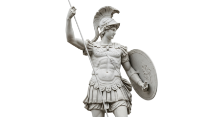 Isolated Roman warrior statue with spear and shield preparing for battle ancient art