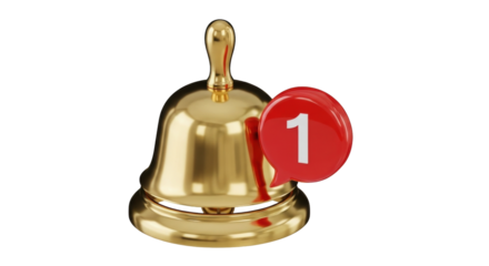Isolated golden service bell with red notification bubble with a number one in the center