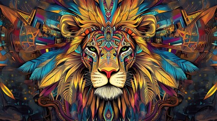 Colorful tribal lion artwork with vibrant detailed abstract patterns
