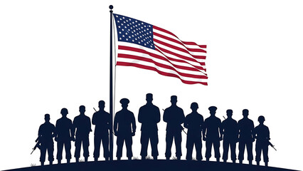 Group of soldiers standing beneath a proud American flag silhouette, representing patriotism and military service