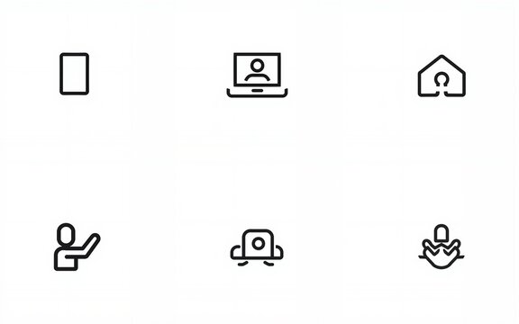 Set of work place related icons, working, remote work, video conference, coworking, freelancer, home office and linear variety symbols. High quality