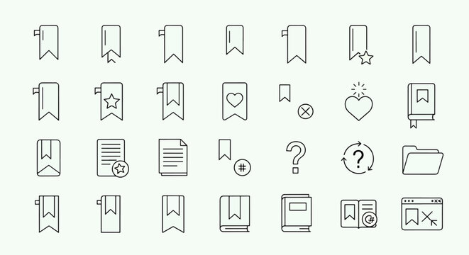 Collection of modern outline icons representing bookmarks, documents, books, hearts, questions, and folders for digital interfaces