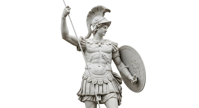 Isolated Roman warrior statue with spear and shield preparing for battle ancient art