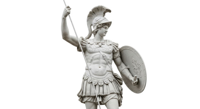 Isolated Roman warrior statue with spear and shield preparing for battle ancient art