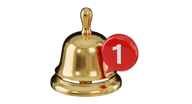 Isolated golden service bell with red notification bubble with a number one in the center