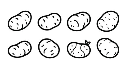 Collection of hand drawn potato illustrations in black and white outline style