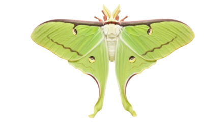 Isolated Luna Moth, pale green insect with feathered antennae and distinctive long tails of hindwings
